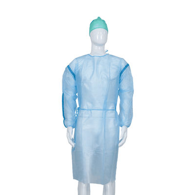 Elastic Or Knitted Wrist SMS/PP+PE Disposable Medical Isolation Gown with blue tape